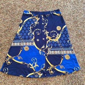 Lavish Scarf Print Faux Button Front Skirt Blue Gold Size XL